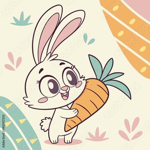 Adorable cartoon bunny clutching a carrot, set against a vibrant, colorful backdrop—perfect for kids' designs, prints, and digital projects
