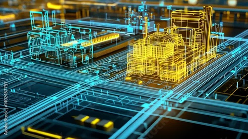 Digital Network Cityscape with Blue and Yellow Glowing Lines Representing Data Flow and Connections