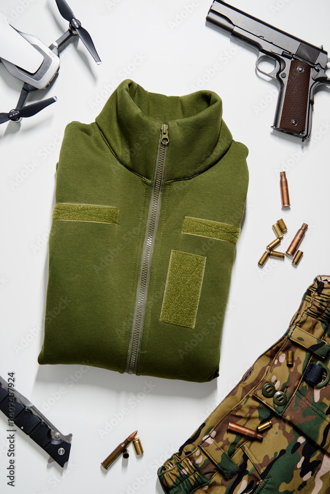 Fototapeta premium Tactical Gear and Supplies Displayed in Military Preparation Layout..