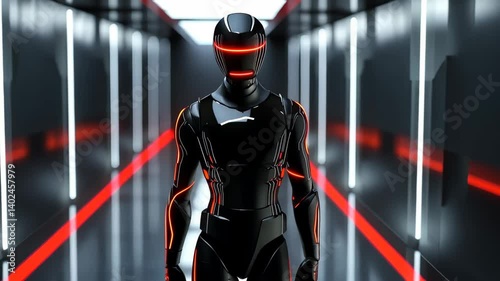 Futuristic Robot Walking Through a High-Tech Hallway with Neon Lights and Modern Design