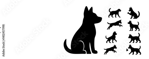 A collection of black silhouettes depicting various dog poses and movements, showcasing their playful and active nature.