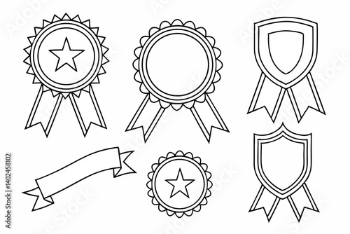 Award Winning Badge and Shield Ribbon Outline Illustrations