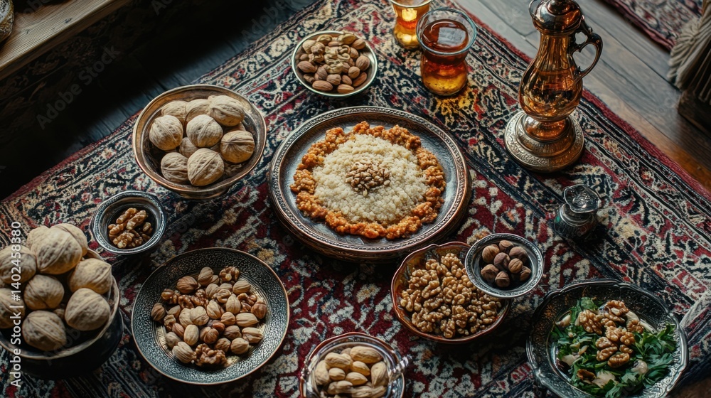 Traditional setup with a tray of semeni surrounded by a bowl of shakarbura and pahlava, alongside a plate of mixed walnuts and hazelnuts, placed on an ornate carpet Traditional setup with a tray of semeni surrounded by a bowl of shakarbura and pahlava, alongside a plate of mixed walnuts and hazelnuts, placed on an ornate carpet