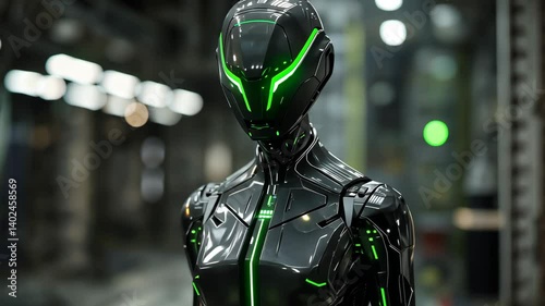 Futuristic Robot Portrait with Green Glow in a High-Tech Industrial Setting