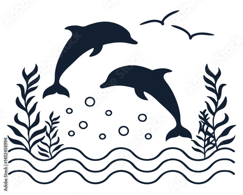 Playful Dolphins Jumping Over Waves with Seaweed and Bird Silhouette.