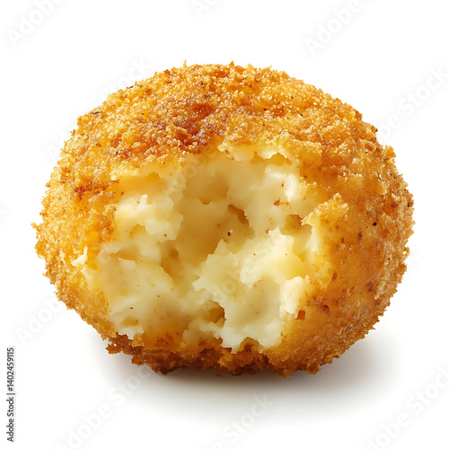 A golden crispy fried potato croquette with seasoned batter, mashed potato interior, and crunchy exterior