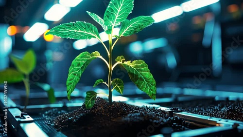 Close-Up of a Green Seedling Growing in Rich Soil Under Bright Indoor Lighting