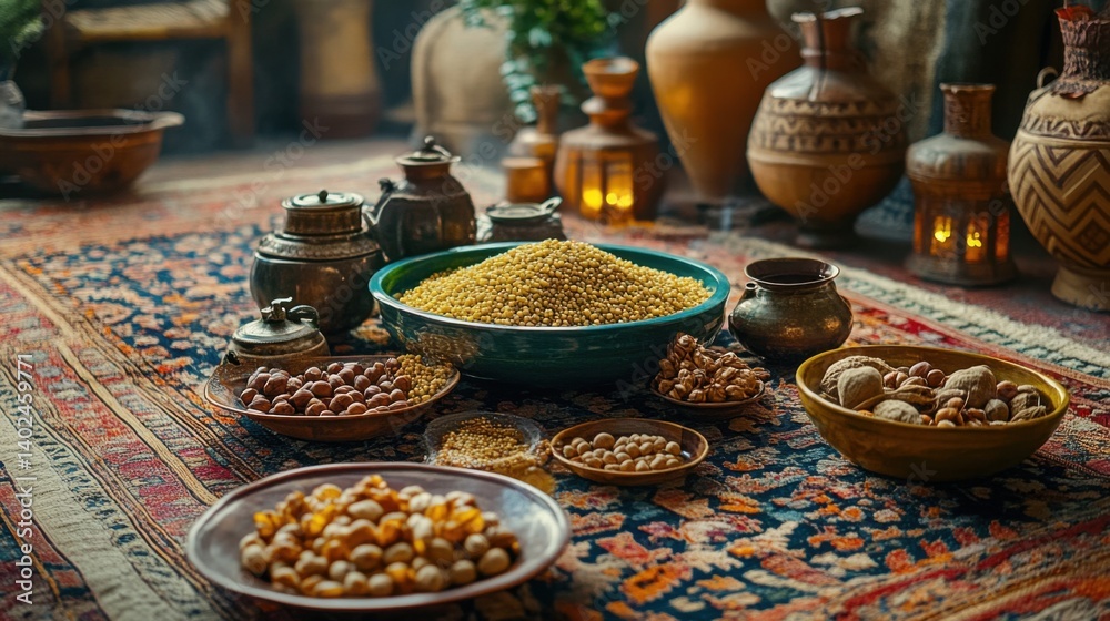Fototapeta premium Vibrant green semeni, surrounded by festive dishes and nuts on a richly colored rug 