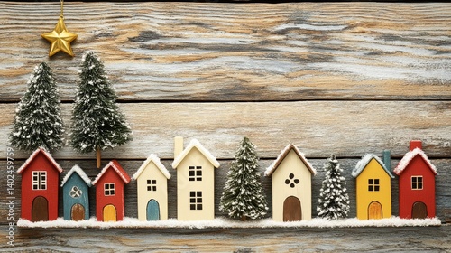 A charming winter village scene with miniature houses and snowy trees. photo
