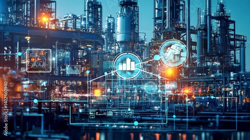 Industrial Factory with Advanced Technology and Digital Data Integration at Night