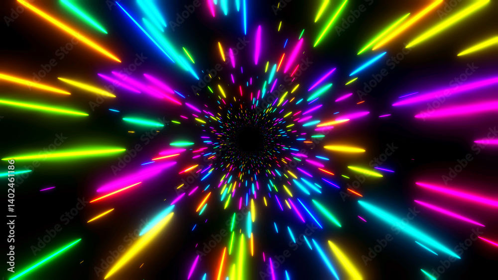 Naklejka premium Abstract dynamic background with neon glow colors, hyper speed of light in the universe. Cosmic background for event, party, carnival, celebration.