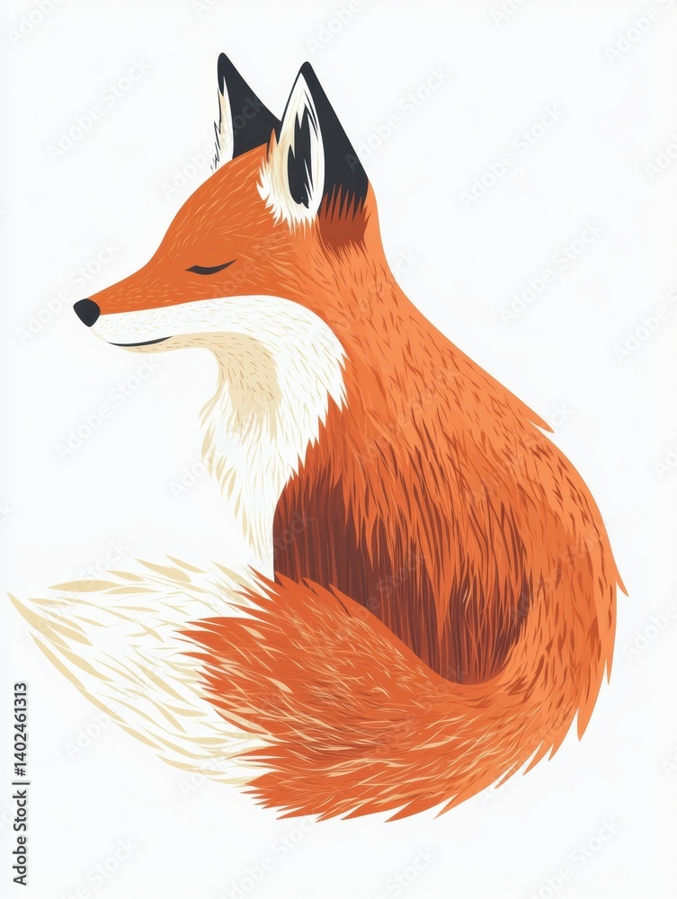 Fototapeta premium Red fox in side profile view with bushy tail curled on a clean white background, highlighting its vibrant fur and calm demeanor