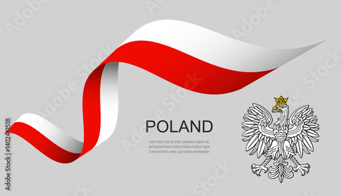 Poland flag on Waving ribbon with white royal eagle, coat of arms of Poland.