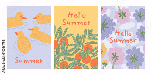 Set of playful summer cards with hand-drawn crayon-style ducks, oranges with leaves, and colorful abstract flowers. Concept for celebration, ads, branding, banner, cover, label, poster, print