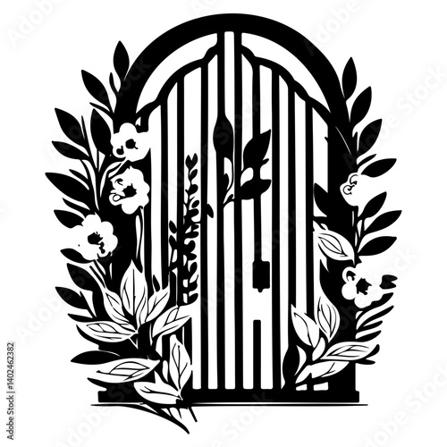 Whimsical Floral Gate Illustration on White Art