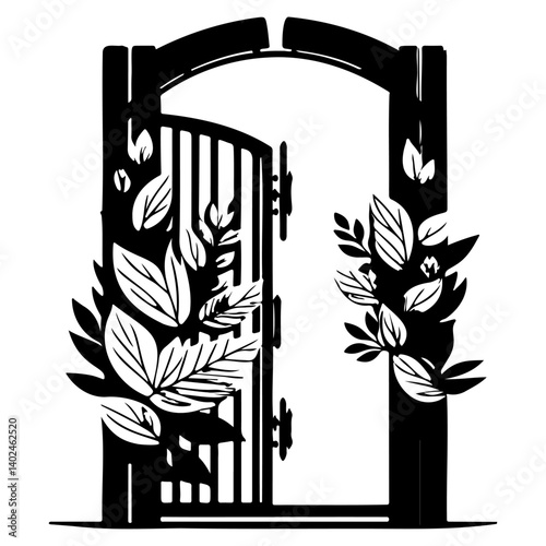 Black and White Illustration of a Floral Gateway