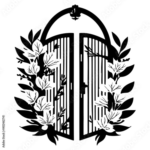 Floral Adorned Black Iron Gate Illustration
