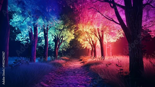 Vibrant Colorful Forest Pathway Surrounded by Illuminated Trees in a Magical Fantasy Setting