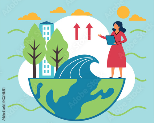 Rising Sea Levels Illustration: Earth, Water, Buildings, and Climate Change.