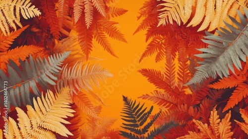 seamless fern leaf and floral minimalist, pastel color orange, red, brown and yellow tone, pattern style