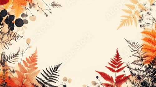 seamless fern leaf and floral minimalist, pastel color orange, red, brown and yellow tone, pattern style