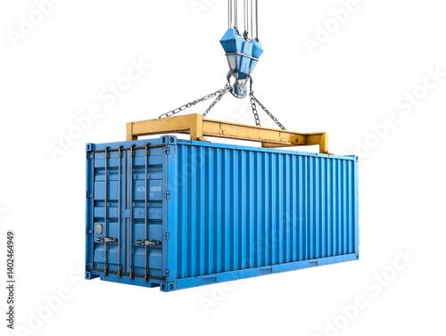 Blue Shipping Container Suspended by Crane, Transparent Background