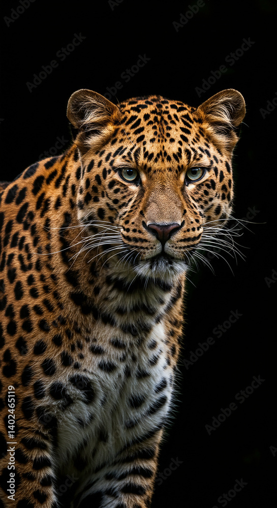 Naklejka premium Detailed headshot of a leopard against a dark background, focusing on eyes. Striking wildlife photography mobile wallpaper, majestic vertical big cat screen saver design.