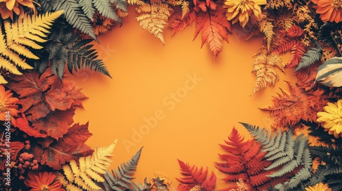 seamless fern leaf and floral minimalist, pastel color orange, red, brown and yellow tone, pattern style