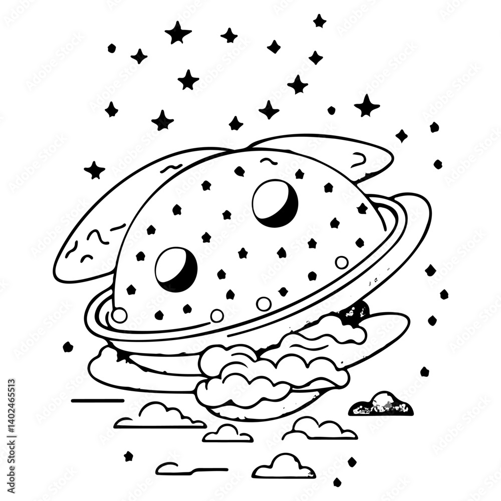 Whimsical Space Planet Doodle with Cloudscape Below Whimsical Space Planet Doodle with Cloudscape Below