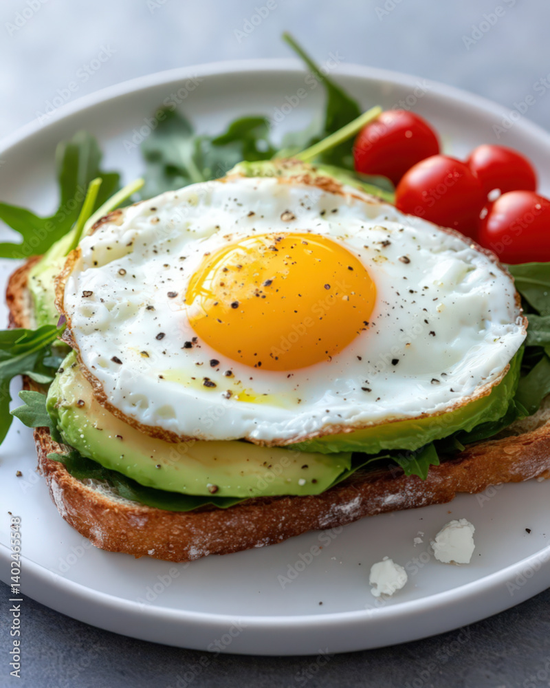 An egg and avocado toast on a white plate with an arugula salad, red cherry tomatoes, and feta cheese sprinkled over the avocados. Golden fried eggs are stacked on top An egg and avocado toast on a white plate with an arugula salad, red cherry tomatoes, and feta cheese sprinkled over the avocados. Golden fried eggs are stacked on top