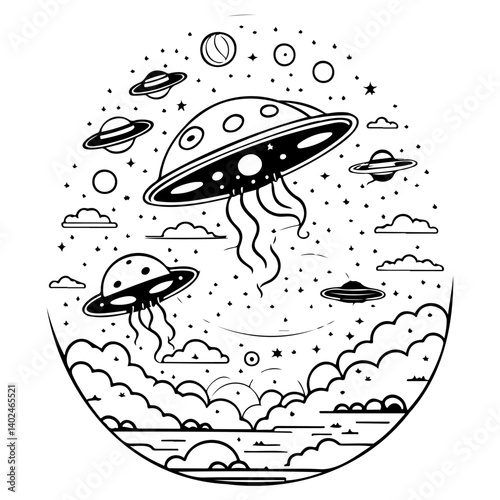 UFO Invasion Black and White Celestial Scene