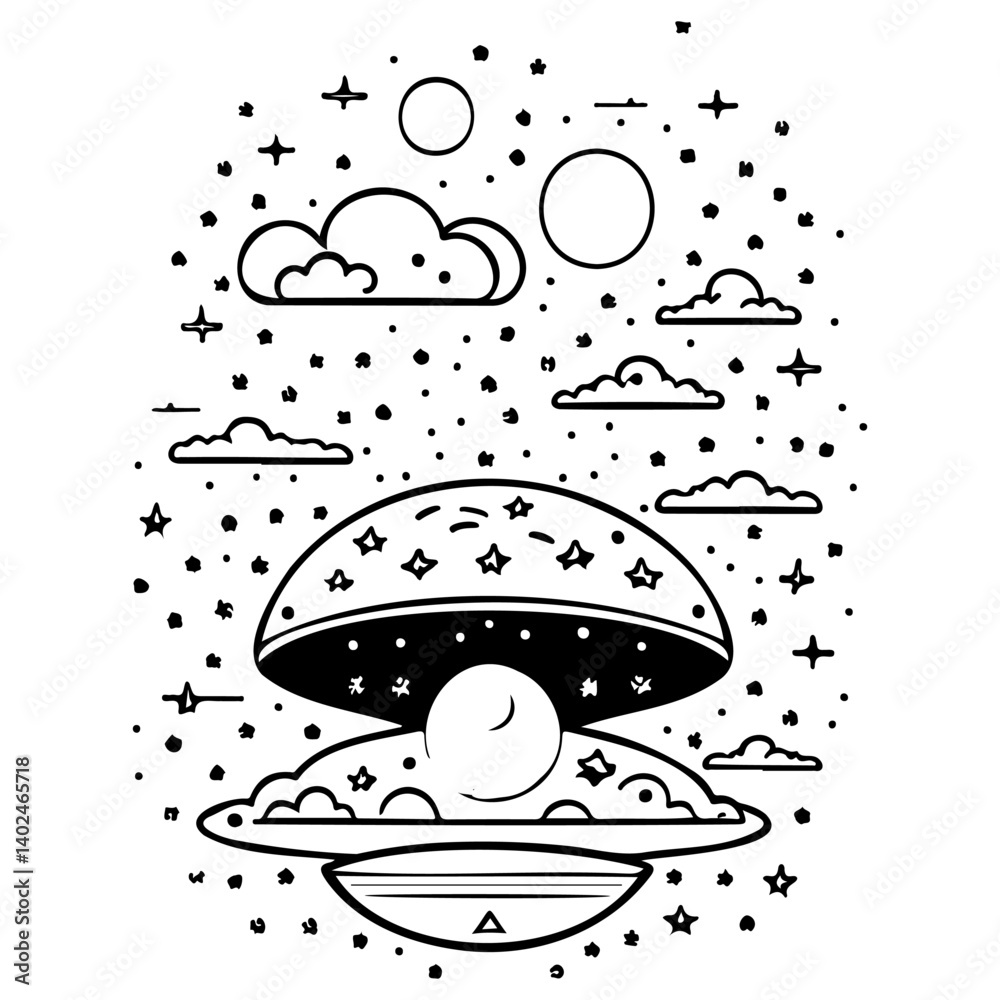 Fototapeta premium Celestial Pearl in Cosmic Oyster Sketch Artwork