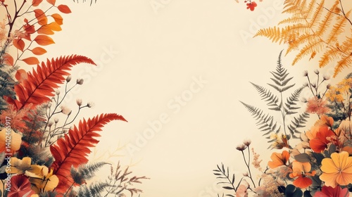 seamless fern leaf and floral minimalist, pastel color orange, red, brown and yellow tone, pattern style