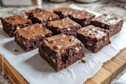 A delightful arrangement of homemade brownies with a rich chocolate topping and pieces of nuts is presented on a wooden board