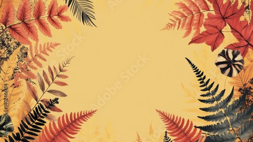 seamless fern leaf and floral minimalist, pastel color orange, red, brown and yellow tone, pattern style