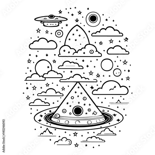 A whimsical monochrome illustration of outerspace