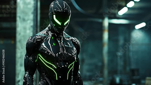 Futuristic Sci-Fi Robot With Glowing Green Accents in a Dimly Lit Industrial Environment