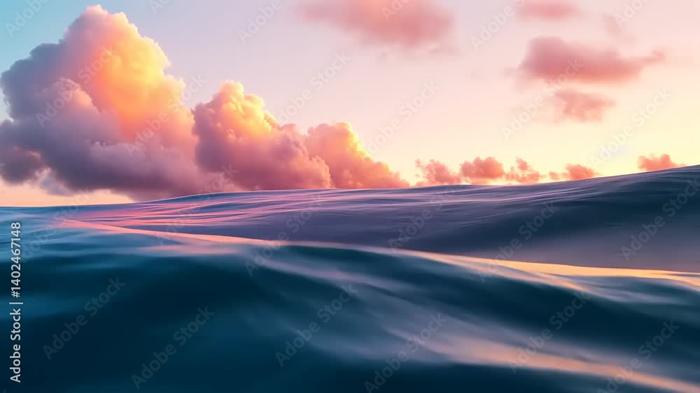 Serene ocean waves at sunset with colorful clouds reflecting in the water, creating tranquility Serene ocean waves at sunset with colorful clouds reflecting in the water, creating tranquility