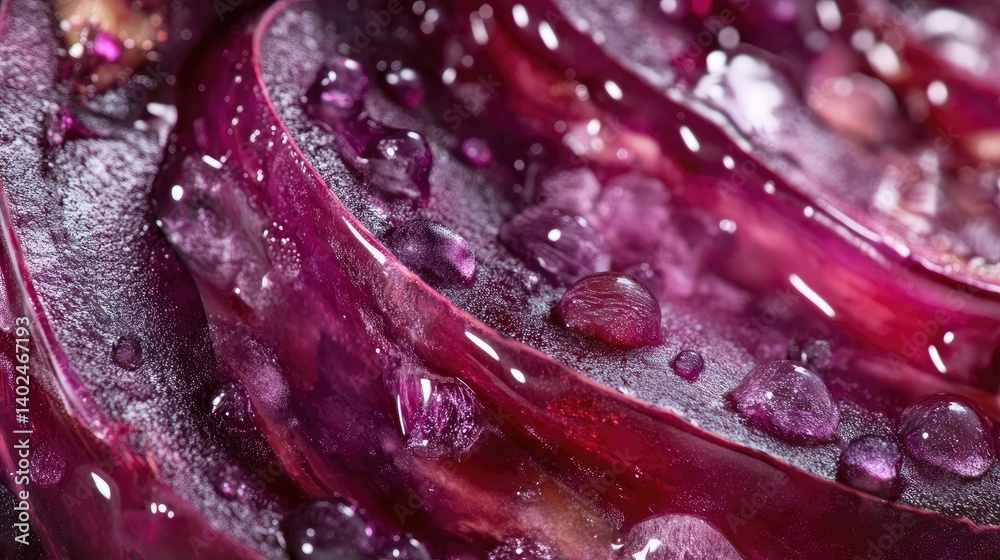 Macro Photography of Red Cabbage Slices with Water Droplets Stunning Close Up View of Vibrant Colors and Textures Macro Photography of Red Cabbage Slices with Water Droplets Stunning Close Up View of Vibrant Colors and Textures