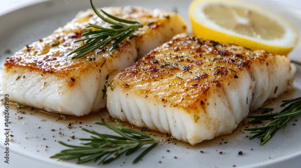 Three small pieces of well-cooked codfish garnished with fresh herbs and a slice of lemon, resting on a simple plate Three small pieces of well-cooked codfish garnished with fresh herbs and a slice of lemon, resting on a simple plate
