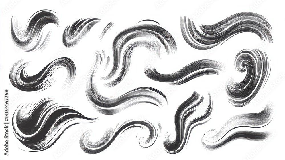 Curly line stroke wavy paint set. Hand-drawn doodle swirl wave brush curly charcoal stroke. Line wavy paint curly hand-drawn ink calligraphy elements. Modern illustration illustration Curly line stroke wavy paint set. Hand-drawn doodle swirl wave brush curly charcoal stroke. Line wavy paint curly hand-drawn ink calligraphy elements. Modern illustration illustration