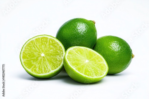 Fresh green limes and lime halves on white background