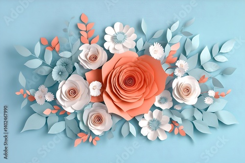Floral Arrangement with Paper Cut Style Roses, Leaves, and Daisies on Blue Background