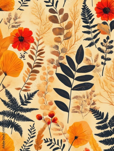 seamless fern leaf and floral minimalist, pastel color orange, red, brown and yellow tone, pattern style