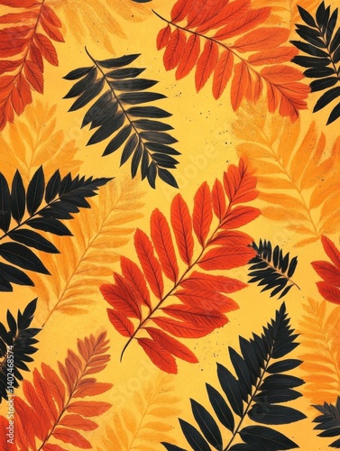 seamless fern leaf and floral minimalist, pastel color orange, red, brown and yellow tone, pattern style