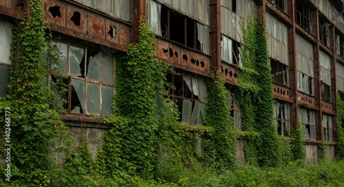 Wallpaper Mural Abandoned industrial building with overgrown ivy, broken windows, and decaying structure, showcasing nature reclaiming urban space - naves industriales Torontodigital.ca