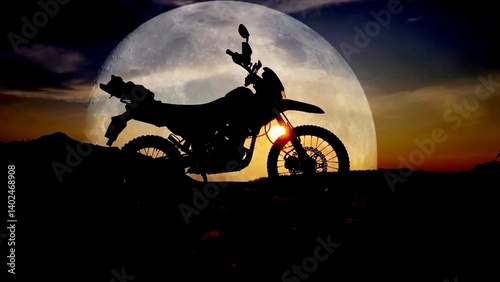 Motorcycle Silhouette at Sunset: A lone motorcycle silhouetted against a giant moon and setting sun, creating a dramatic and adventurous scene.