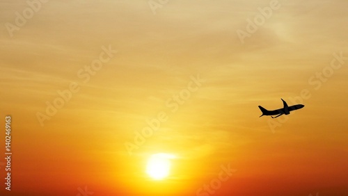 Airplane Silhouette at Sunset: A silhouette of a commercial airplane soaring high above the clouds at sunset, with a fiery orange sky and a blazing sun in the background.