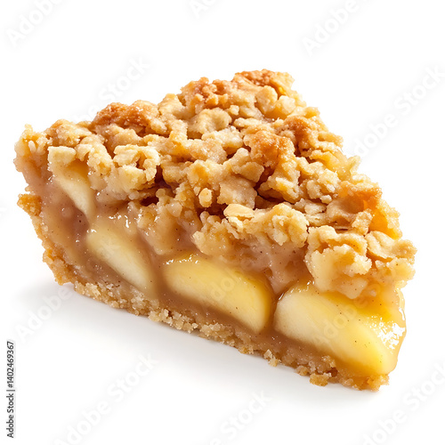 A thick slice of apple crisp with golden crumble topping, soft apple filling, and slight caramelization