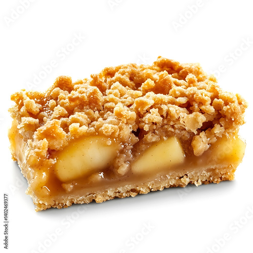 A thick slice of apple crisp with golden crumble topping, soft apple filling, and slight caramelization